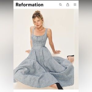 Reformation Balia Linen Blue and White Gingham Maxi Dress